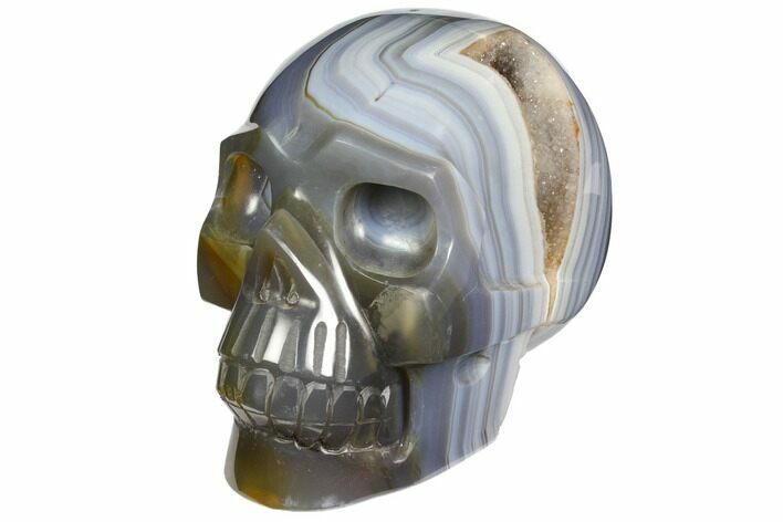 Polished Banded Agate Skull with Quartz Crystal Pocket #148113
